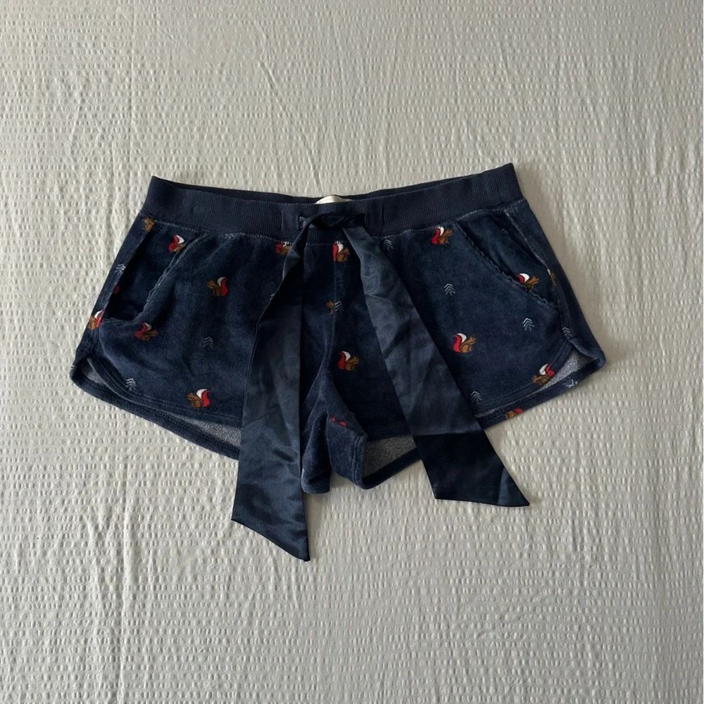 Abercrombie & Fitch Navy Velour Pajama Shorts Squirrel Embroidery Satin Bow S - Picture 2 of 7